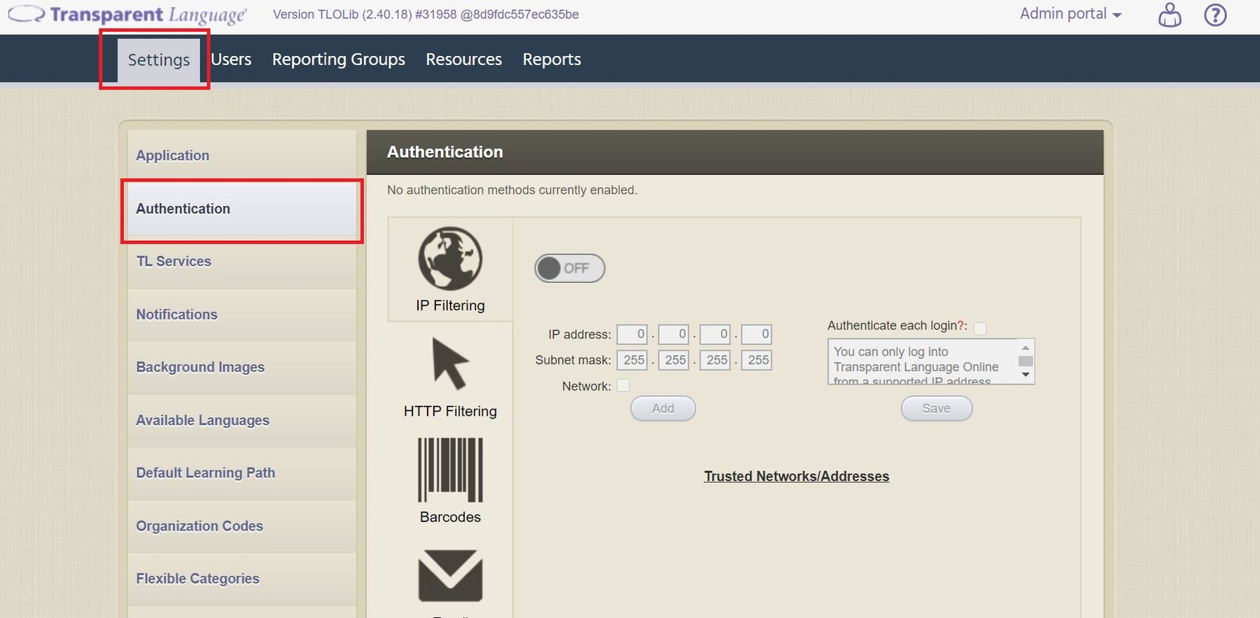 Authentication methods: supported types, configuring, and updating