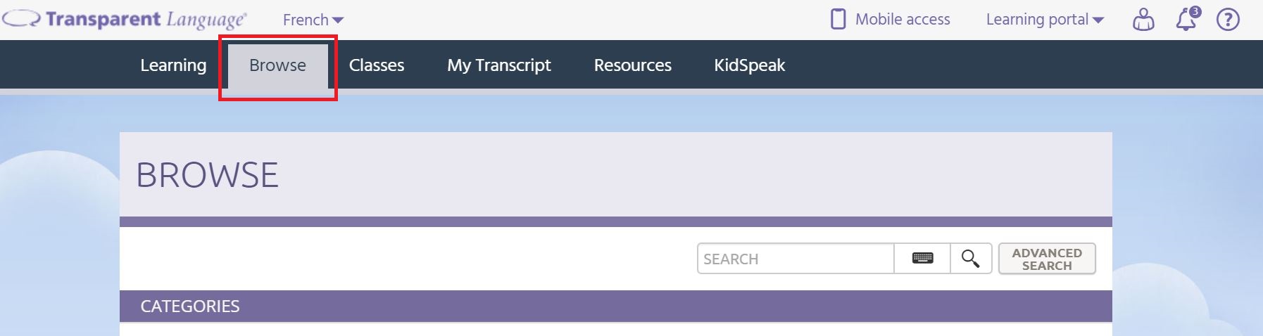 Transparent Language Online browse tab